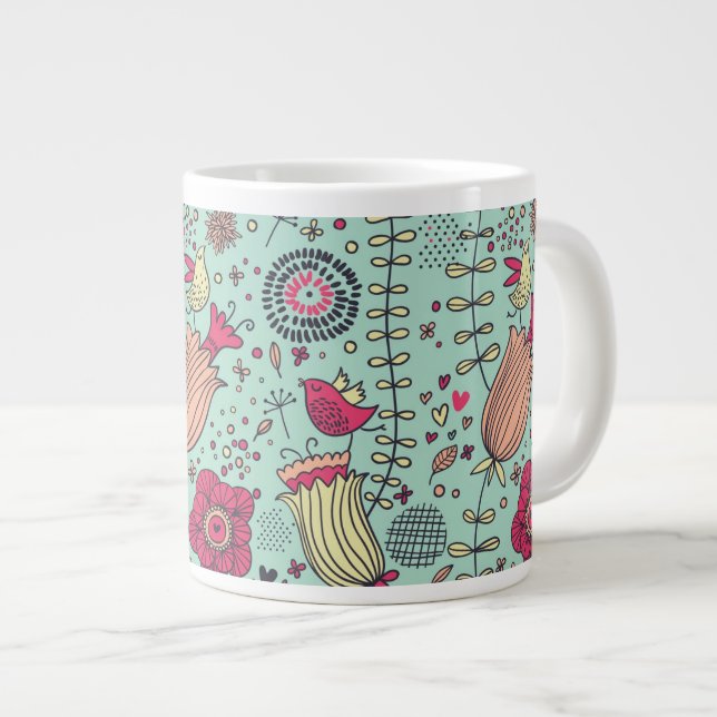 Cartoon floral pattern with birds large coffee mug (Front Right)
