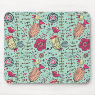 Cartoon floral pattern with birds mouse pad