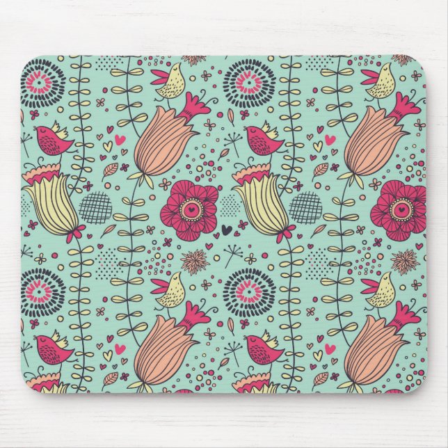 Cartoon floral pattern with birds mouse pad (Front)