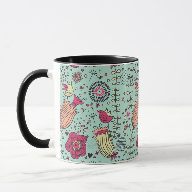 Cartoon floral pattern with birds mug (Left)