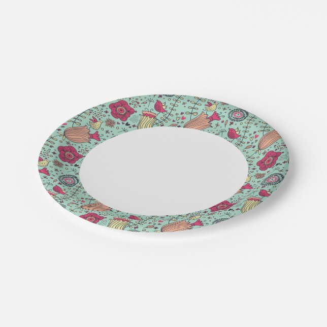 Cartoon floral pattern with birds paper plate (Angled)