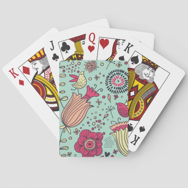 Cartoon floral pattern with birds playing cards (Back)