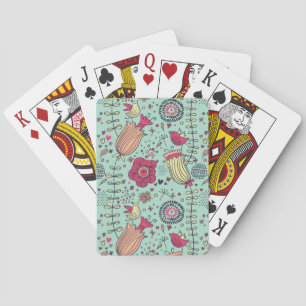 Cartoon floral pattern with birds playing cards