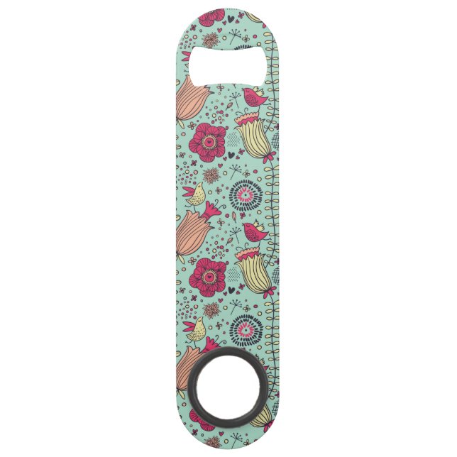 Cartoon floral pattern with birds speed bottle opener (Front)