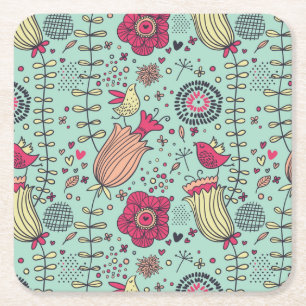 Cartoon floral pattern with birds square paper coaster
