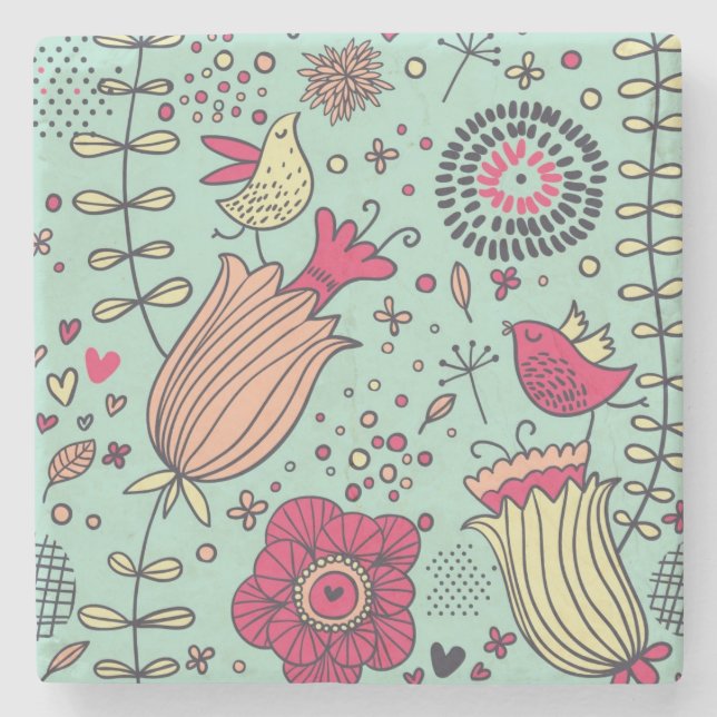 Cartoon floral pattern with birds stone coaster (Front)