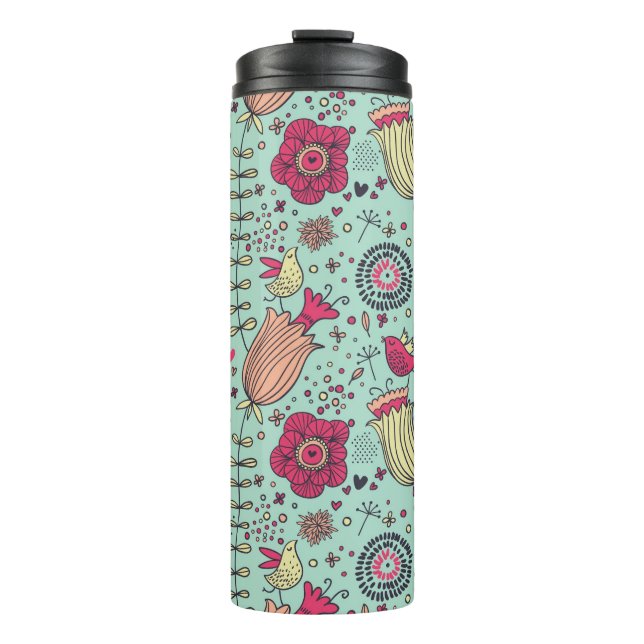 Cartoon floral pattern with birds thermal tumbler (Front)
