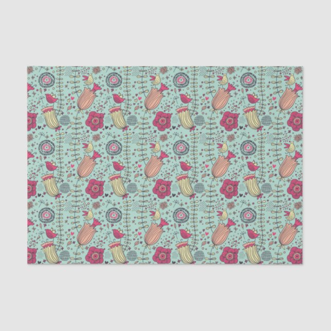 Cartoon floral pattern with birds tissue paper (Front)