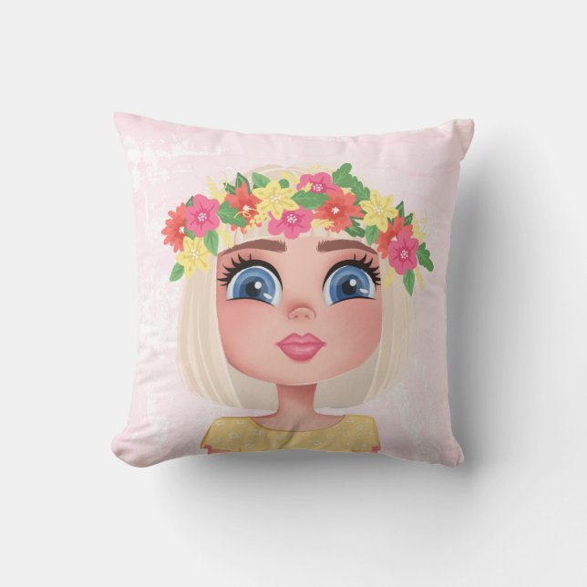 Cartoon Flower Child Girl on Pink  Throw Pillow (Front)