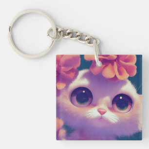 Cartoon fluffy baby kitten, big eyes, pink flower keychain