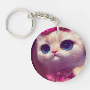 Cartoon fluffy baby kitten with big eyes and a pin keychain