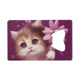 Cartoon fluffy baby kitten with big eyes credit card bottle opener