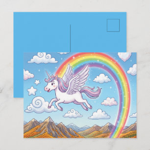 Cartoon Flying Unicorn with Rainbow Holiday Postcard