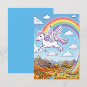 Cartoon Flying Unicorn with Rainbow Personalize Thank You Card