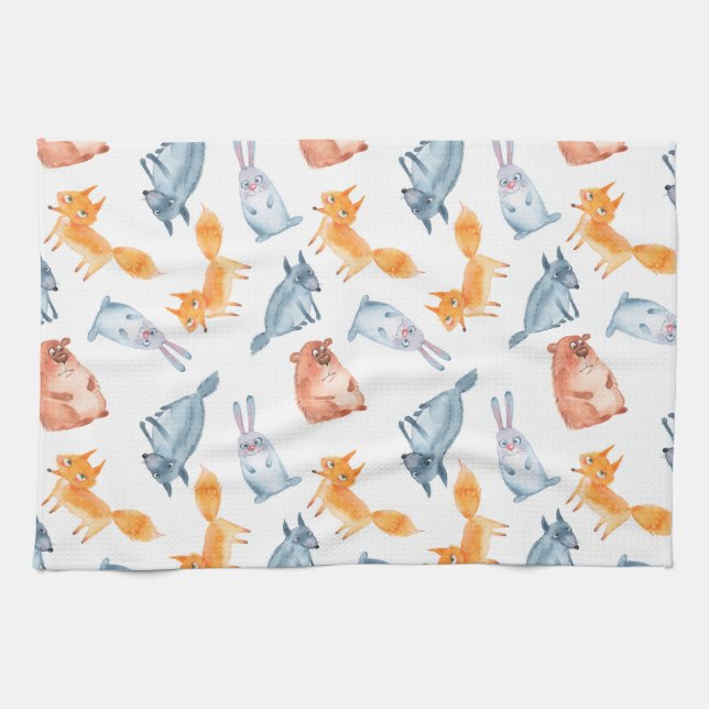Cartoon forest animals. Wolf, bear, fox and hare. Kitchen Towel (Horizontal)