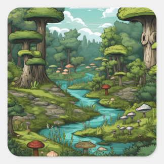 Cartoon Forest Dreamscape Square Sticker