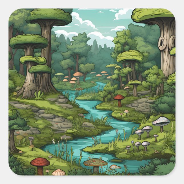 Cartoon Forest Dreamscape Square Sticker (Front)