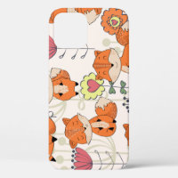 Cartoon fox, flowers: vintage hand-drawn pattern