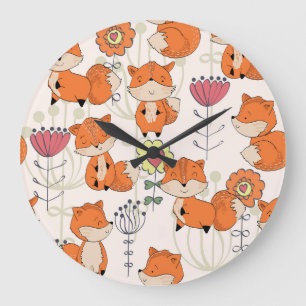 Cartoon fox, flowers: vintage hand-drawn pattern large clock