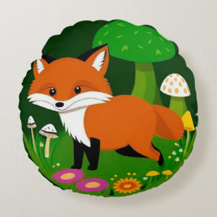 Cartoon Fox in a Forest Round Pillow