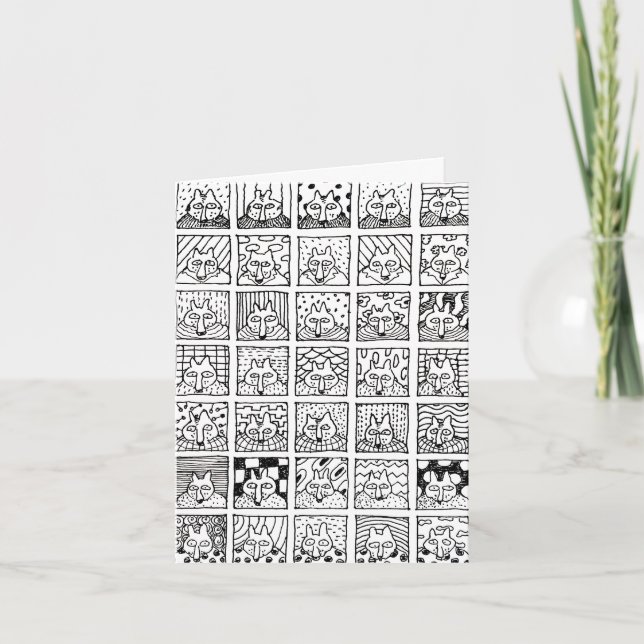 Cartoon Foxes Faces Squares Drawing Folded Note Card (Front)