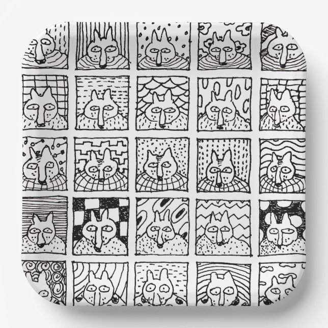 Cartoon Foxes Faces Squares Drawing Paper Plate (Front)