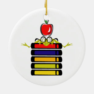 cartoon frog and books ornament