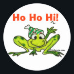 Cartoon Frog Christmas Sticker<br><div class="desc">Sticker someone with a cute cartoon frog waving HO HO HI! for the holidays.   
You can also personalize the text with your own jump for joy messages.</div>