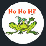 Cartoon Frog Christmas Sticker<br><div class="desc">Sticker someone with a cute cartoon frog waving HO HO HI! for the holidays.   
You can also personalize the text with your own jump for joy messages.</div>