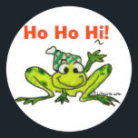 Cartoon Frog Christmas Sticker<br><div class="desc">Sticker someone with a cute cartoon frog waving HO HO HI! for the holidays.   
You can also personalize the text with your own jump for joy messages.</div>