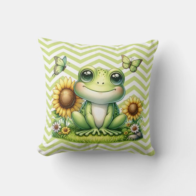 Cartoon Frog Green Chevron Throw Pillow (Front)