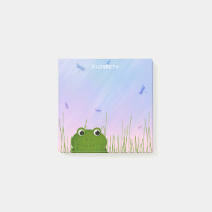 cartoon frog peeking thru grass dragonflies  post-it notes