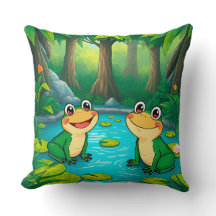 Cartoon Frogs Sitting by a Pond in Vibrant Forest