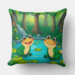 Cartoon Frogs Sitting by a Pond in Vibrant Forest Throw Pillow