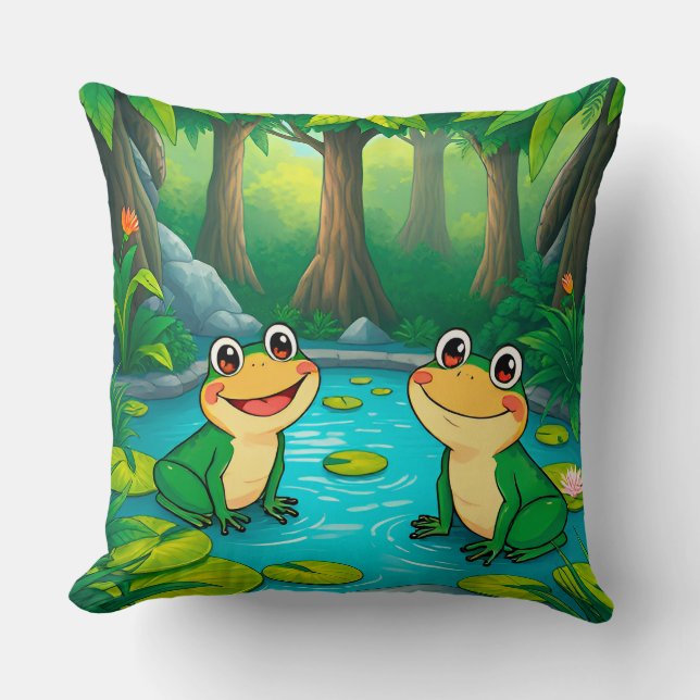 Cartoon Frogs Sitting by a Pond in Vibrant Forest Throw Pillow (Front)