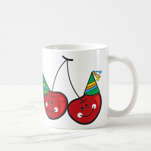 Cartoon Fun & Red Cheeky Cherries With Party Hats Coffee Mug (Right)