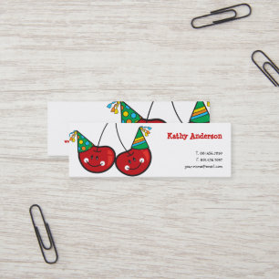 Cartoon Fun & Red Cheeky Cherries With Party Hats Mini Business Card