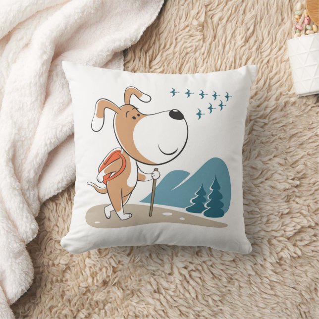 Cartoon Funny Cute Dog Puppy Hiking Woodland Throw Pillow (Blanket)