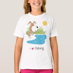 Cartoon Funny Dog Angler Fishing Lake Sun Girls' T-Shirt