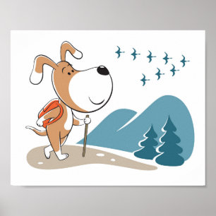 Cartoon Funny Dog Puppy Hiking Woodland Mountains Poster