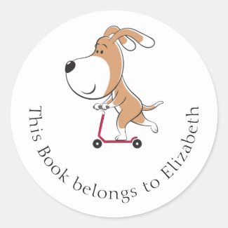 Cartoon Funny Dog Puppy Kick Scooter Bookplate