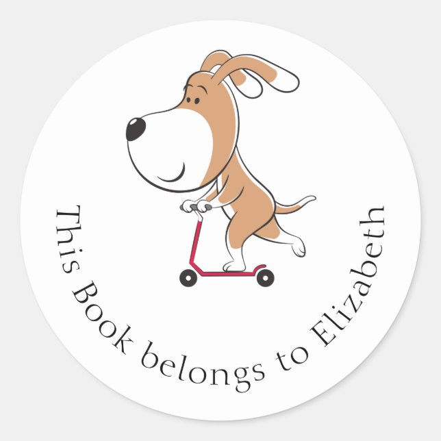 Cartoon Funny Dog Puppy Kick Scooter Bookplate Classic Round Sticker (Front)