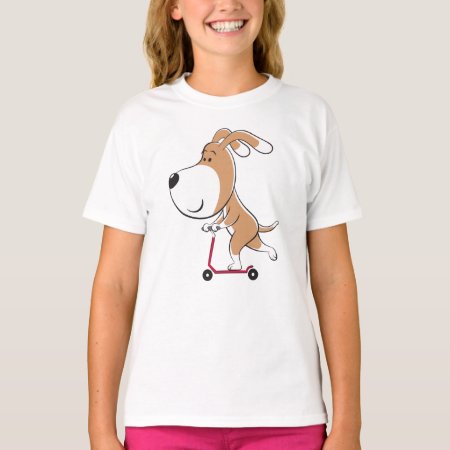 Cartoon Funny Dog Puppy Kick Scooter Girl T-Shirt