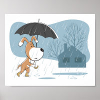 Cartoon Funny Dog Puppy Walking Rain Umbrella