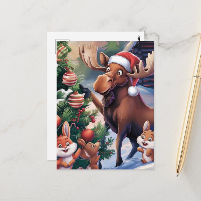 Cartoon Funny Moose Decorating the Christmas Tree  Postcard (Front/Back In Situ)