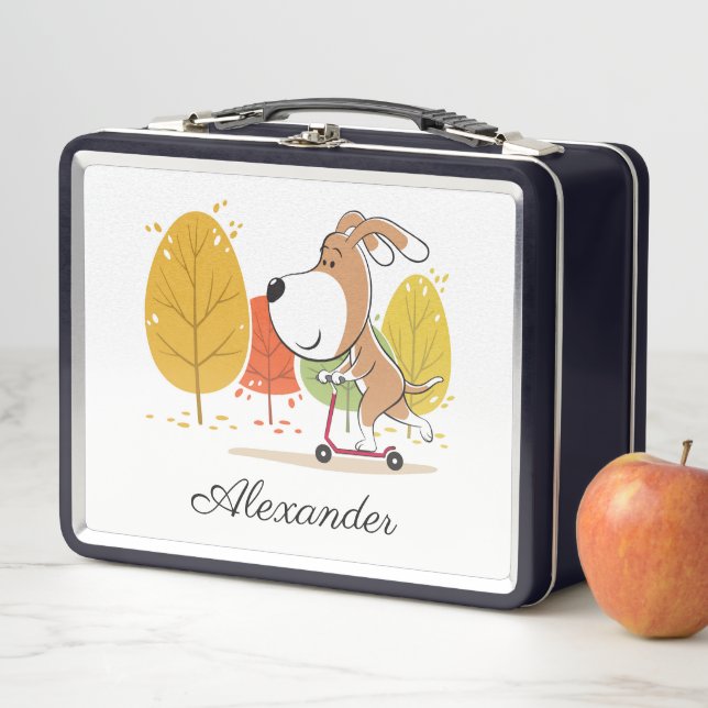 Cartoon Funny Puppy Kick Scooter Metal Lunchbox (En situation)