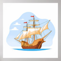 Cartoon Galleon Sailing on Blue Water