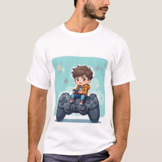 Cartoon Gamer Kid Sitting on PlayStation Controlle T-Shirt