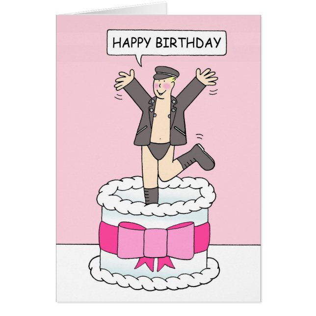 Cartoon Gay Anniversaire homme saute d'un gâteau (Devant)