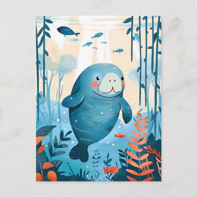 Cartoon Gentle Manatee in Ocean Postcard (Front)